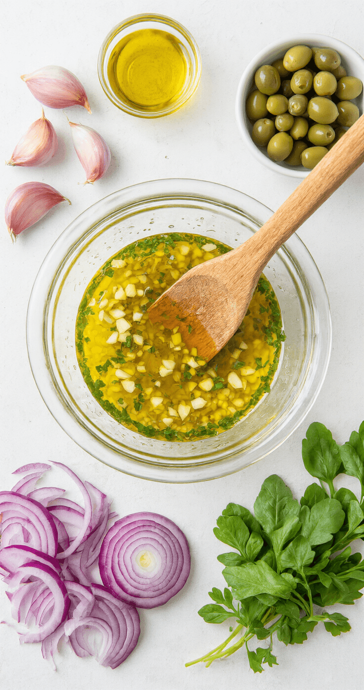 Tonijnsalade met Olijfolie en Kappertjes: Simpel, Snel en Verdomd Lekker Bovenaanzicht van een glazen mengkom met knoflook, citroensap en olijfolie, omringd door fijngesneden rode ui, groene kappertjes, verse peterselie en een halve citroen op een houten tafel, met warme reflecties en waterdruppels op de peterselie.