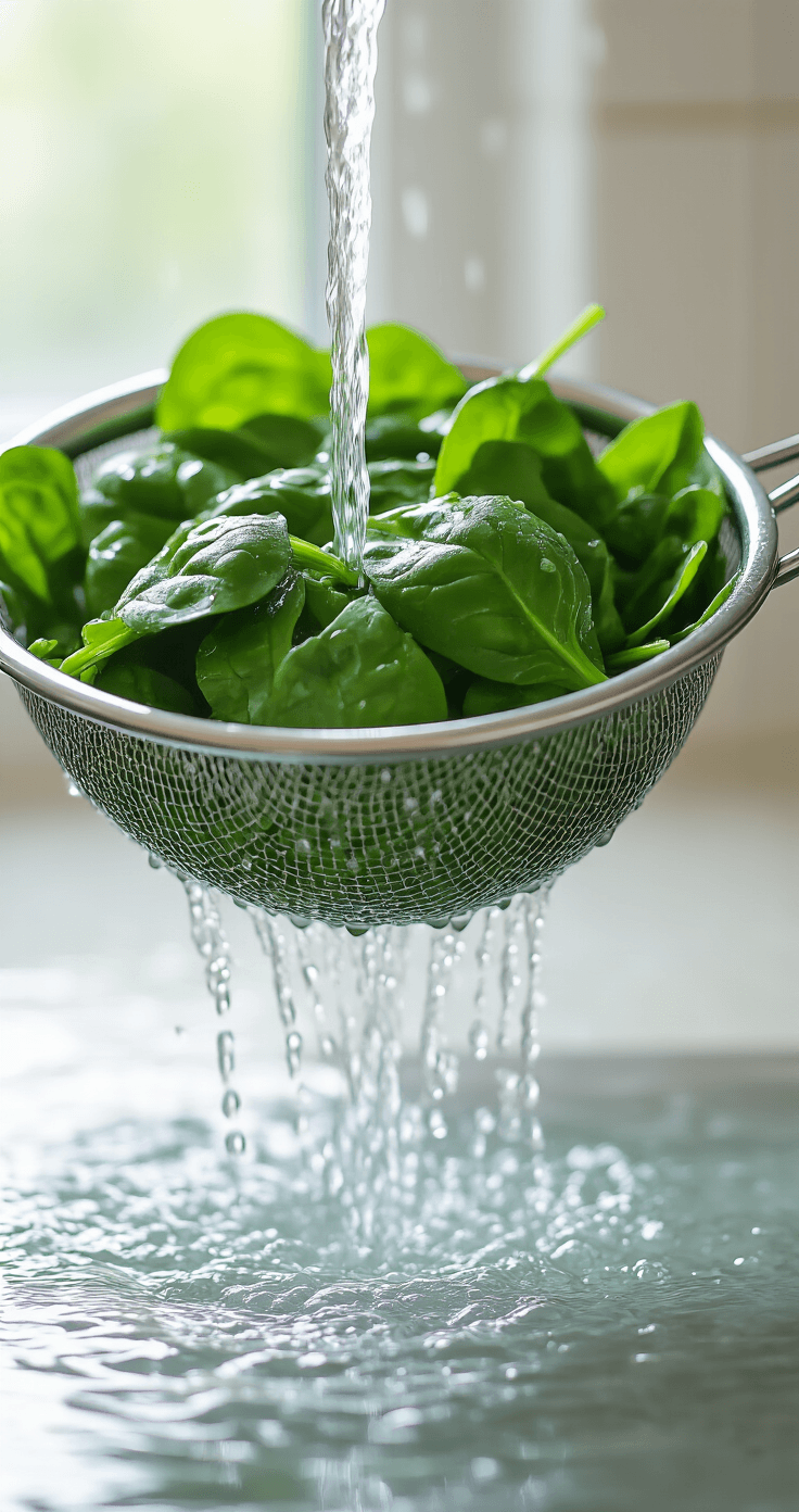 Omelet met Brie en Spinazie: De Perfecte Combinatie van Romig en Voedzaam Close-up van stralend groene spinazieblaadjes die worden gewassen onder helder stromend water in een roestvrijstalen vergiet, met waterdruppels die glinsteren als diamanten en zacht ochtendlicht dat door een keukenraam filtert.