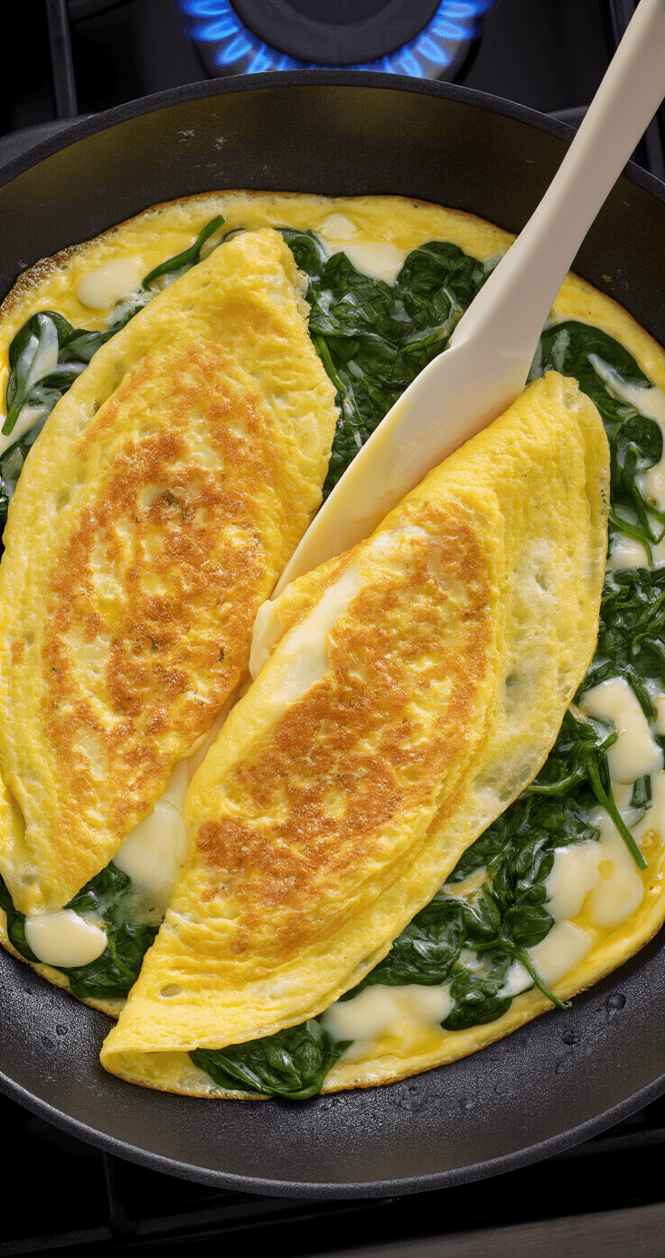 Omelet met Brie en Spinazie: De Perfecte Combinatie van Romig en Voedzaam Cinematisch bovenaanzicht van een gouden omelet die voorzichtig wordt gevouwen met een spatel, terwijl smeuïge brie tussen de lagen eieren en spinazie smelt, omgeven door warme verlichting en stoom die omhoog stijgt.