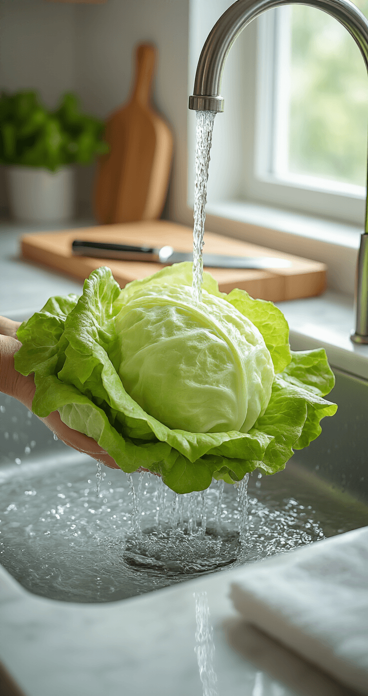 Sla Wraps met Gehakt en Kaas: Knapperig, Sappig & Klaar in 20 Minuten Close-up van verse ijsbergsla bladeren die voorzichtig worden gewassen onder helder stromend water in een moderne keuken. Natuurlijk licht valt door het raam en accentueert de heldere groene aderen van de sla. Waterdruppels glinsteren als diamanten op de bladeren. Op de achtergrond liggen een bamboe snijplank en een scherp koksmes op een marmeren aanrecht. De scène weerspiegelt de frisse start van de maaltijdvoorbereiding met stoom die omhoog komt uit het koele water. Vrouwelijke handdoeken liggen netjes gevouwen in de buurt, klaar voor het drogen. Focus ligt op de waterdruppels op het slaoppervlak.