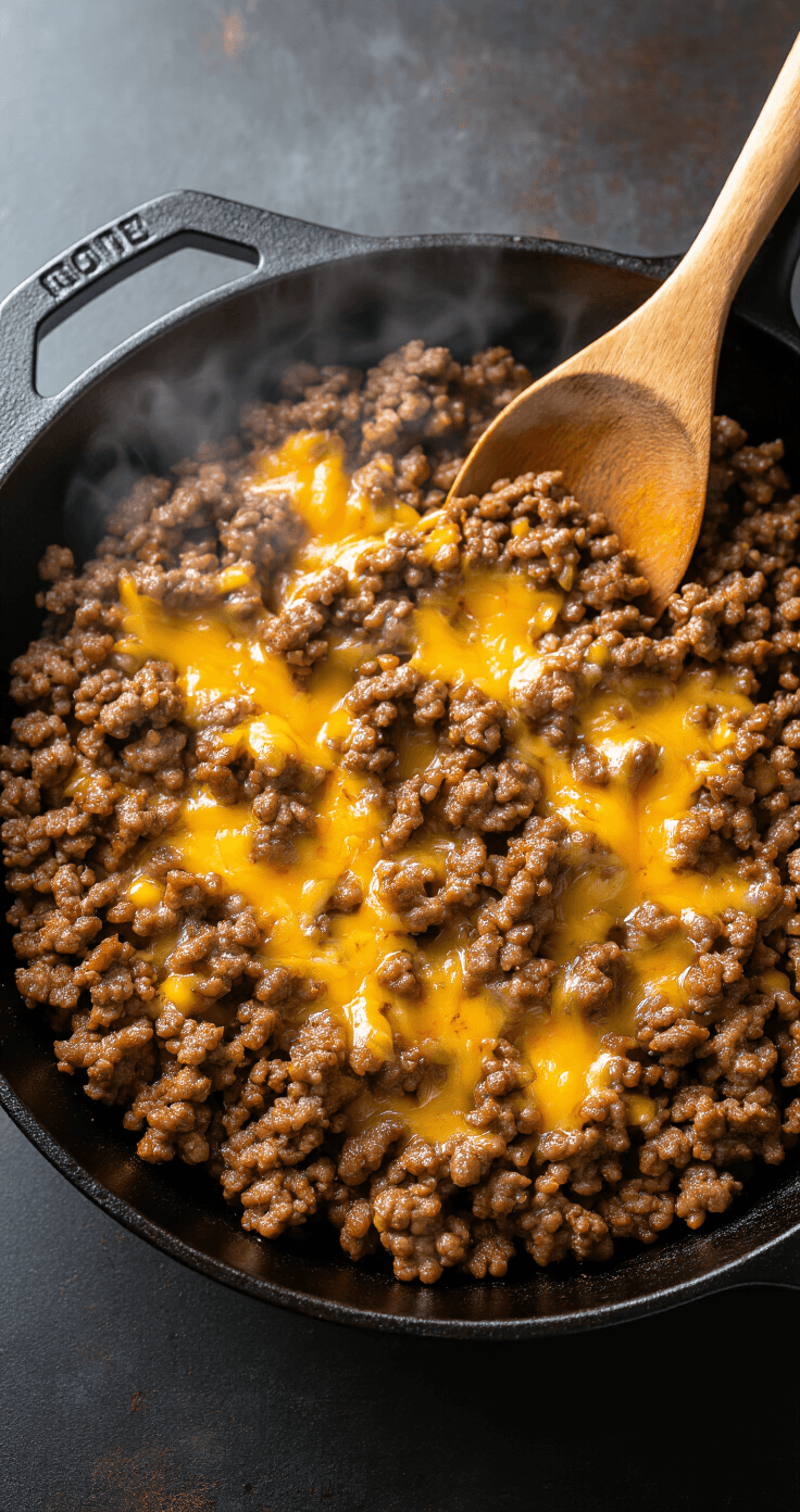 Sla Wraps met Gehakt en Kaas: Knapperig, Sappig & Klaar in 20 Minuten Bovenaanzicht van rijk gebruind gehakt dat sizzelt in een grote gietijzeren pan, met stoom die dramatisch opkomt tegen een donkere keukenachtergrond. Goudbruine vleesstukjes zijn perfect gekarameliseerd, met zichtbare specerijenkruiden. Gesmolten cheddar kaas vormt romige rivieren tussen de stukjes vlees. Een houten lepel leunt tegen de rand van de pan. Zachte, warme verlichting van boven creëert aantrekkelijke schaduwen en benadrukt de glanzende, hartige texturen. Kleine kommen met kleurrijke toppings zijn onscherp op de achtergrond te zien.