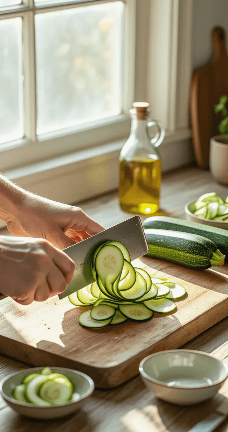 Courgetterolletjes met Kruidenroomkaas: Het Ultieme Recept Close-up van handen die met een vintage metalen kaasschaaf papieren dunne courgette-ribbons maken op een verweerd houten snijbord, terwijl zacht ochtendlicht door een keukenraam stroomt.
