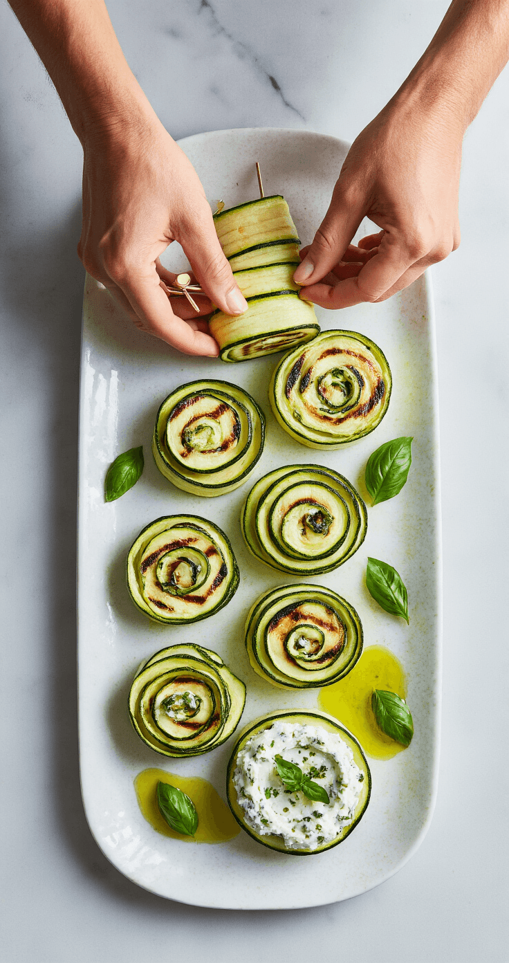Courgetterolletjes met Kruidenroomkaas: Het Ultieme Recept Bovenaanzicht van perfect gegrilde courgettestrepen die worden gerold met kruidenroomkaas op een marmeren aanrecht, met cocktailprikkers klaar om elke creatie te beveiligen.