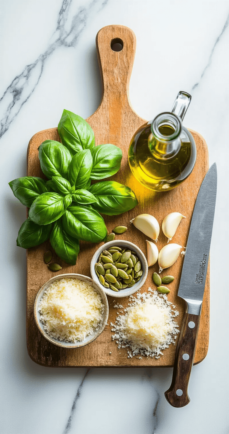 Keto Kip Pesto Salade: Simpel, Snel en Verdomd Lekker Bovenaanzicht van verse basilicumblaadjes met ochtenddauw op een rustieke houten snijplank, omringd door goudbruin geroosterde pompoenpitten in een klein keramisch schaaltje, vers geraspte Parmezaanse kaas, geschilde teentjes knoflook met papieren schilletjes eromheen, en felgroene extra vierge olijfolie in een glazen fles die natuurlijk licht vangt. De keuken geeft een textuur van oud marmer met subtiele aderen en het mes weerkaatst zacht omgevingslicht, wat een intieme culinaire voorbereiding met een Mediterraan gevoel creëert.