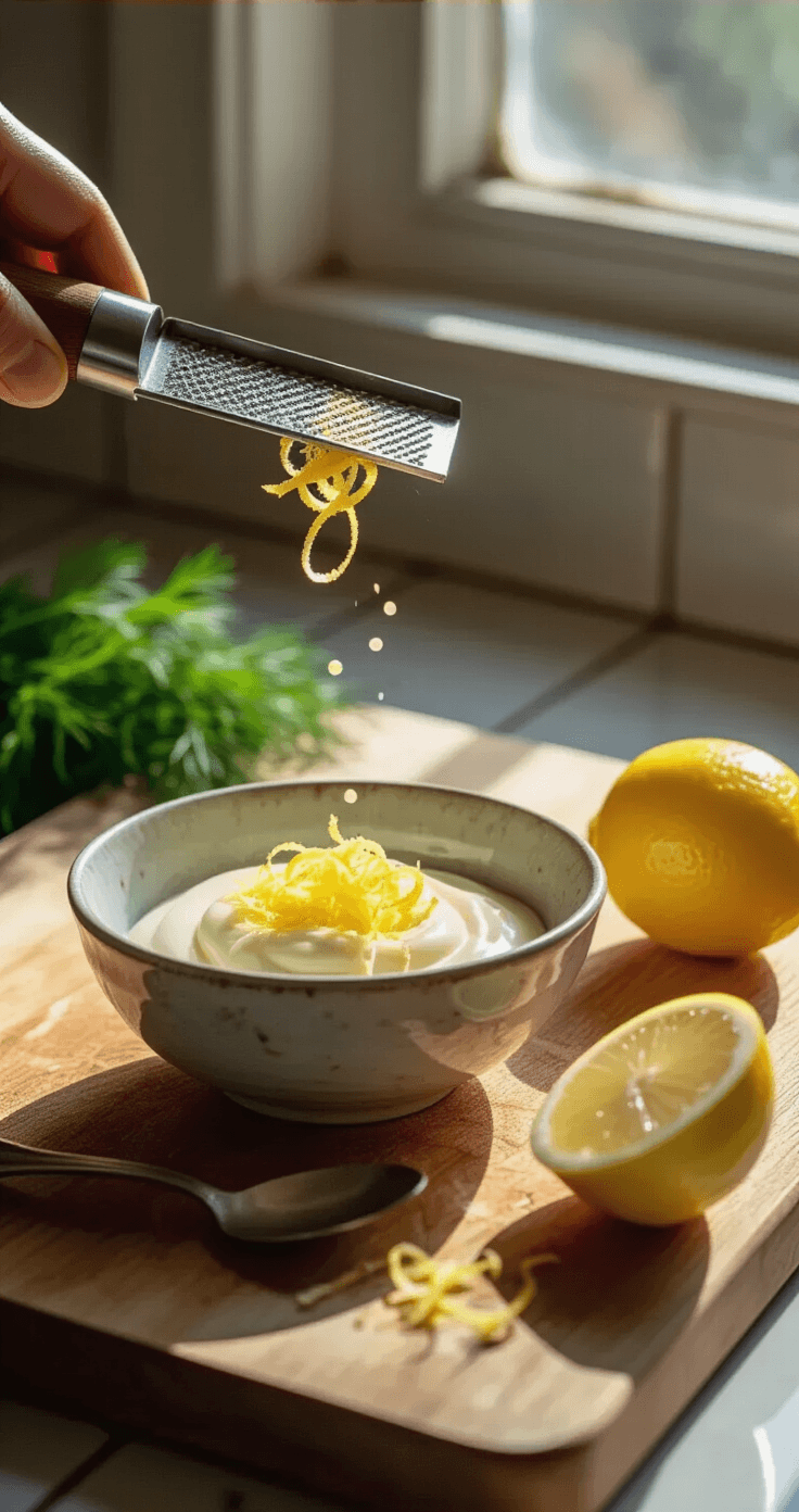 Gerookte Zalm met Avocado en Citroenmayonaise Close-up van een rustieke houten snijplank met een microplane zester die delicate citroenzestkrullen creëert die in een klein keramisch kommetje vallen. Zachtheid van het ochtendlicht stroomt door een keukenraam en vormt dramatische schaduwen op de scène. Een gehalveerde citroen ligt ernaast, met een glanzend snijoppervlak dat vochtig is van sap, terwijl druppels citrusolie in de lucht spatten. Het kommetje bevat romige witte mayonaise, klaar om getransformeerd te worden, met een vintage zilveren lepel ernaast. De achtergrond toont vervaagde keukentegels en verse dille, waardoor diepte en sfeer ontstaan.