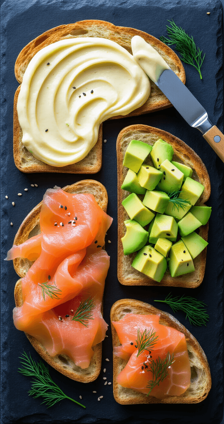 Gerookte Zalm met Avocado en Citroenmayonaise Bovenaanzicht van vier stukjes goudbruin geroosterd ambachtelijk brood op een zwart leisteen serveerblad, elk in verschillende fasen van samenstelling met citrusmayonaise, blokjes avocado, gerookte zalm en garnering van dille en zwarte sesamzaadjes.