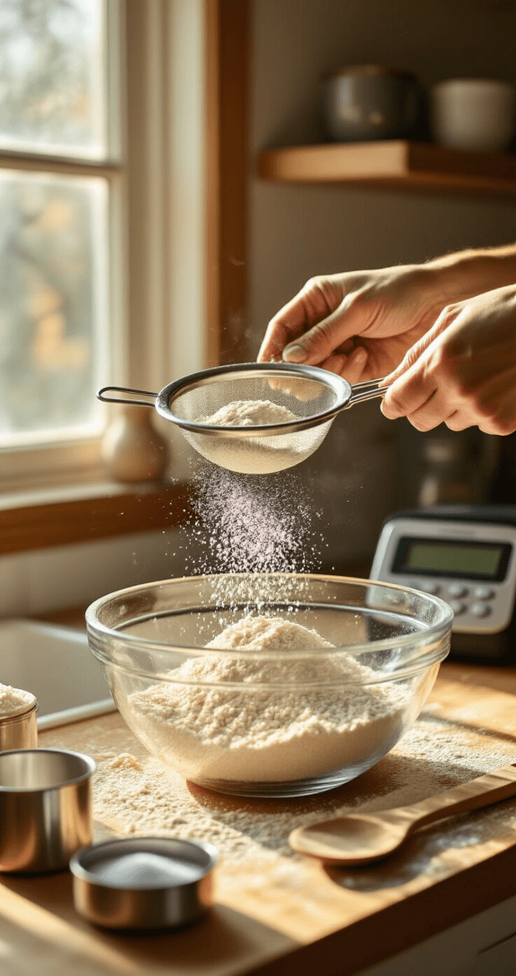 Keto Brood met Amandelmeel en Roomboter: Het Perfecte Low-Carb Recept Close-up van handen die fijne amandelmeel door een zeef in een grote glazen mengkom zeven, met psylliumhuskpoeder dat een delicate wolk van deeltjes creëert in het gouden avondlicht van de keuken. Meettassen met bakpoeder en zeezout staan op een houten aanrecht. Warme zonnestralen filteren door een keuk venster en benadrukken de texturen van de droge ingrediënten. Een digitale keukenweegschaal toont nauwkeurige metingen op de achtergrond, terwijl een houten lepel tegen de rand van de kom rust, klaar om te mengen.