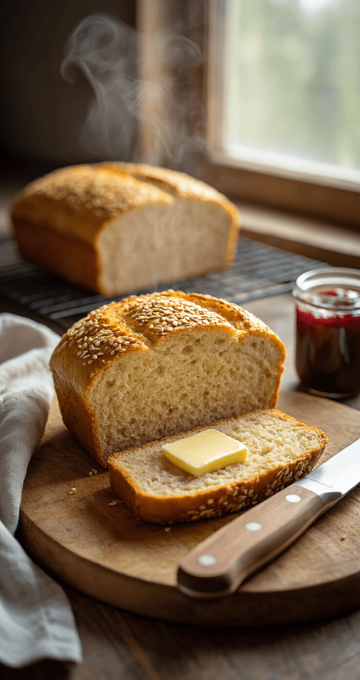 Keto Brood met Amandelmeel en Roomboter: Het Perfecte Low-Carb Recept Vers gesneden keto-brood op een rustieke houten snijplank, met stoom die opstijgt uit een perfect gesneden stukje en de luchtige binnenkant onthult. De goudbruine korst is getopt met glanzende geroosterde sesamzaadjes. Een scherp broodmes met houten heft ligt naast het brood, terwijl boter smelt op het warme stukje. Op de achtergrond staat een afkoelrek met de rest van het brood, een keukenhanddoek ernaast, en een pot suikervrije jam vager in beeld. De scène straalt een gezellige ochtend sfeer uit met diffuus raamlicht.