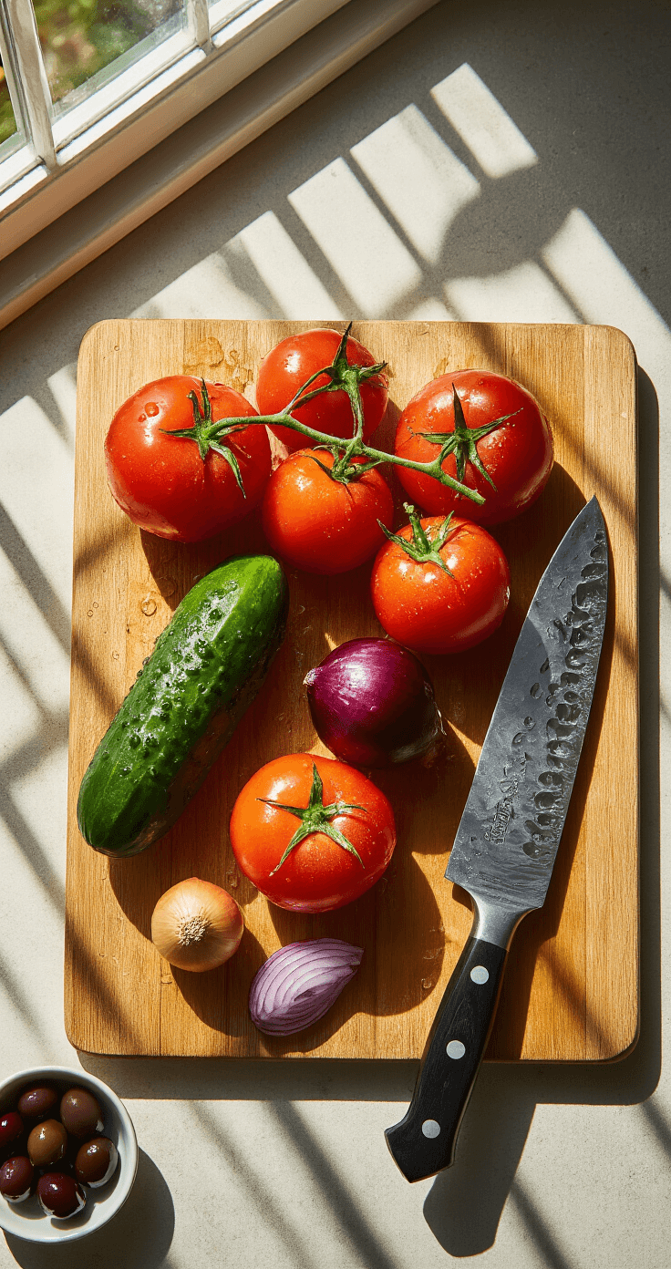Griekse Salade met Feta – Vers, Makkelijk en Klaar in 15 Minuten Cinematische overheadfoto van een zonlicht houten snijplank met vers gewassen Mediterrane groenten, waaronder glanzende tomaten, komkommer en ui, met een professionele chef-koksmes eroverheen. Kleine kommen met Kalamata-olijven en gedroogde oregano op de achtergrond.