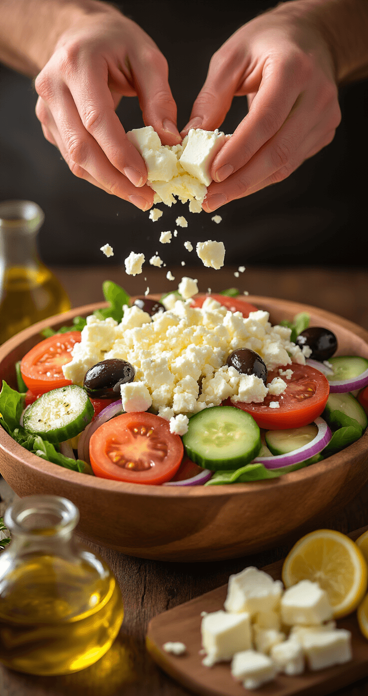 Griekse Salade met Feta – Vers, Makkelijk en Klaar in 15 Minuten Dramatische close-up van handen die authentieke witte feta over een kleurrijke Griekse salade kruimelen, omringd door tomaten, komkommer, rode uien en Kalamata-olijven, verlicht door de warme gloed van het gouden uur.