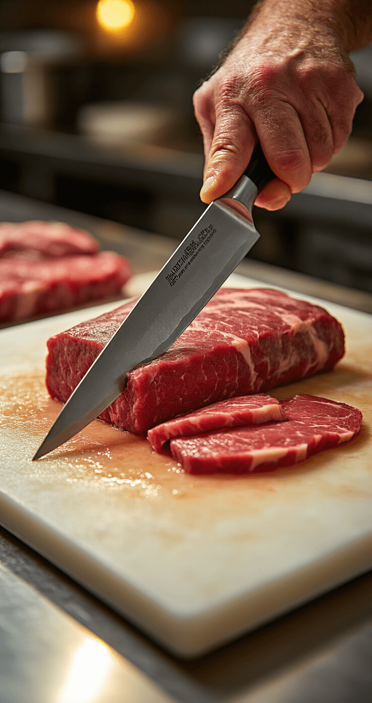 Carpaccio met Rucola en Parmezaan: Italiaans Luxe Gerecht in 15 Minuten Extreme close-up van de handen van een meester-slager die een ultrastijl Japanse staalmes door een robijnrood ossenhaas leidt, terwijl ze doorschijnende carpaccio-slierten snijden op een marmeren snijplank.