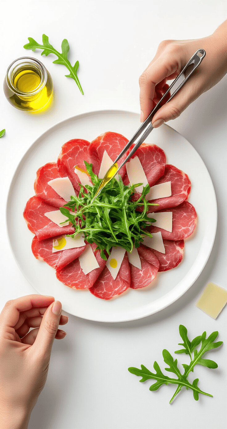 Carpaccio met Rucola en Parmezaan: Italiaans Luxe Gerecht in 15 Minuten Bovenaanzicht van een wit porseleinen bord met over elkaar gelegde carpaccio-scheuren in een circulair patroon, waarbij de handen van een chef de dunne plakjes met precisietangen positioneren, glanzend van olijfolie, omringd door peperige rucola en krullende parmezaanse kaas.