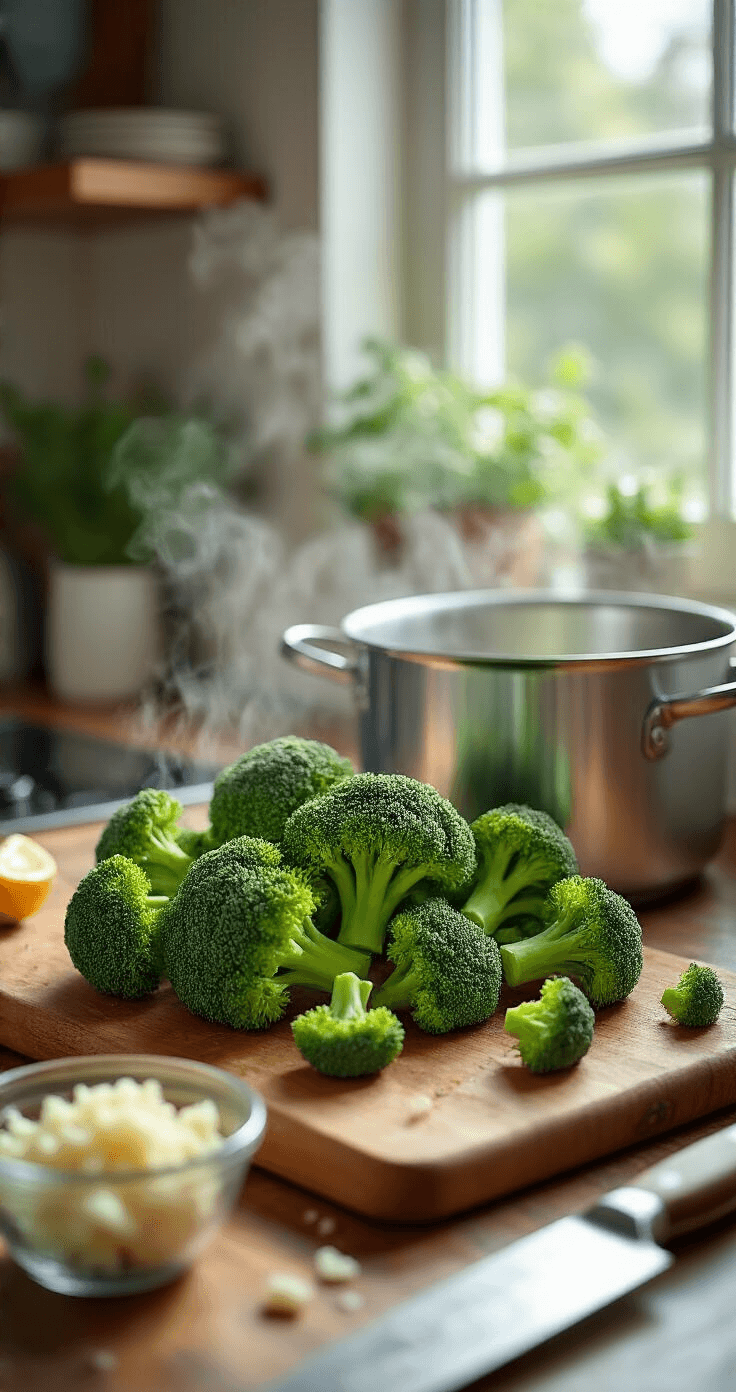 Broccolisoep met Room: Romig, Makkelijk en Onweerstaanbaar Lekker Close-up van verse groene broccoliroosjes op een houten snijplank in een gezellige Nederlandse keuken, met natuurlijk ochtendlicht en een scherp koksmes ernaast. In de achtergrond stoomt een glanzende roestvrijstalen soeppan, terwijl fijngesnipperde ui en knoflook in glazen schaaltjes liggen.