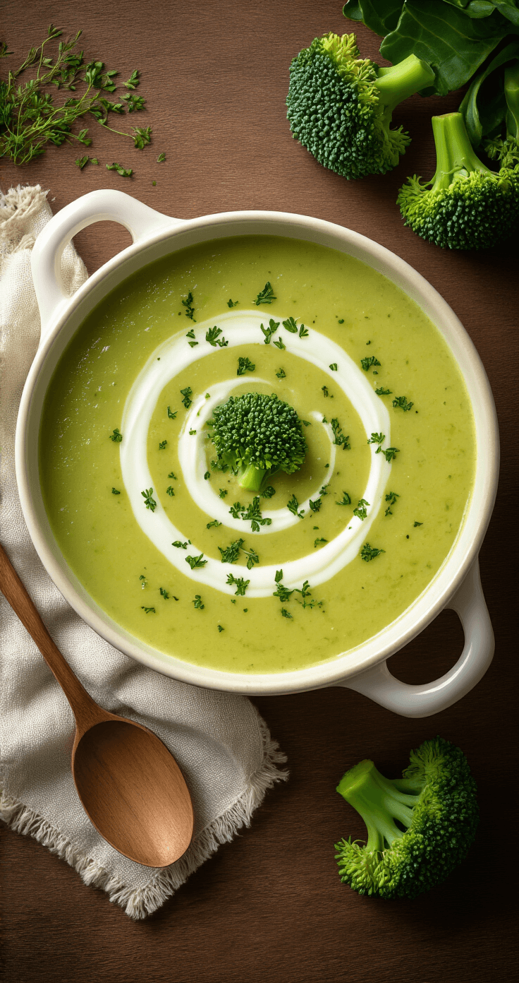 Broccolisoep met Room: Romig, Makkelijk en Onweerstaanbaar Lekker Overhead shot van dampende romige broccolisoep in een rustieke witte kom, met een swirl van verse room, fijngehakte bieslook en geblancheerde broccoliroosjes, naast een houten lepel op een linnen servet, warm gouden licht en stoomwolken, met verse broodplakjes op de achtergrond.