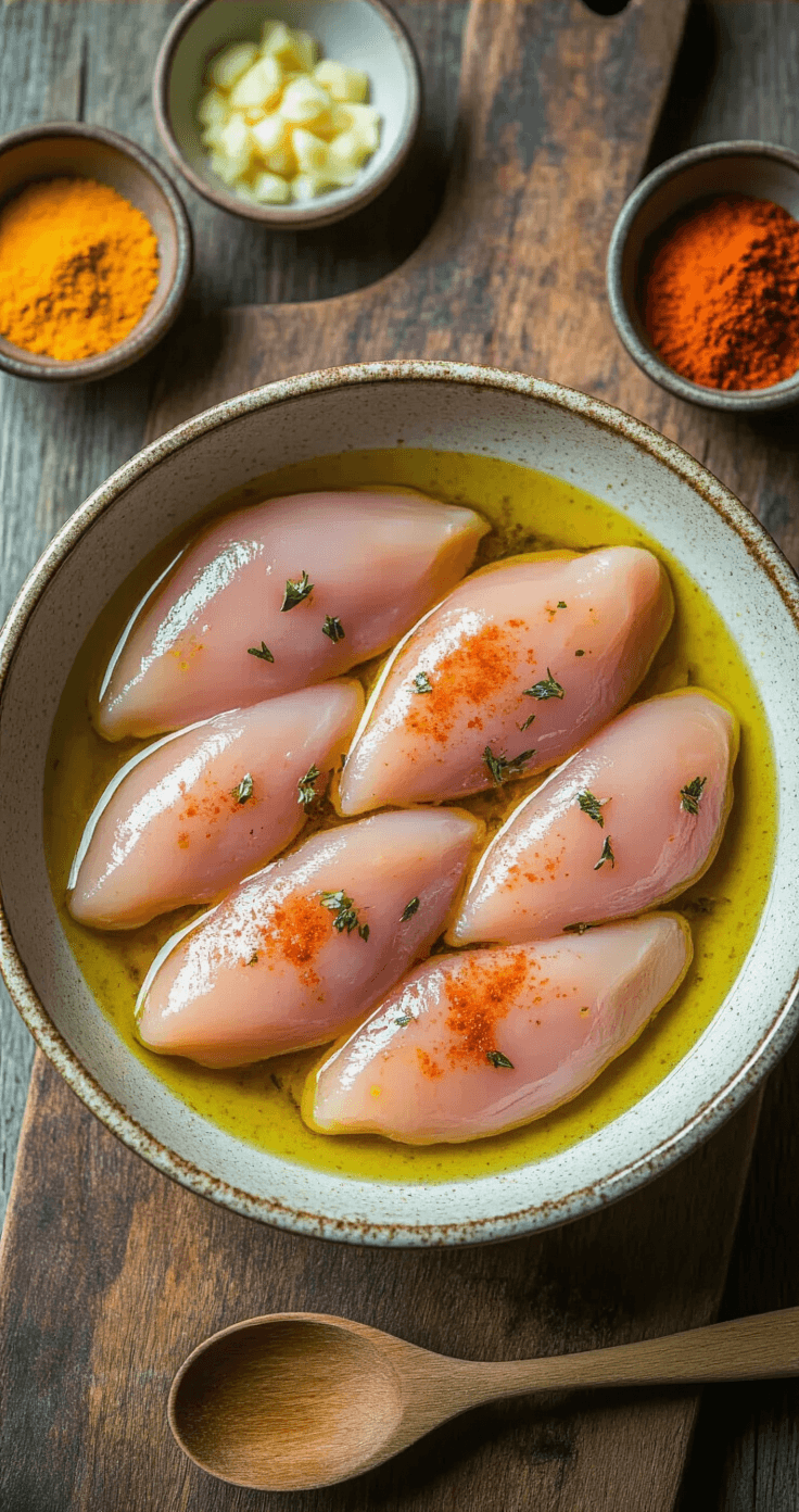 Kip-Avocado Salade: Romig, Fris en Klaar in 20 Minuten Close-up bovenaanzicht van rauwe kipfilets die marineren in een rustieke keramische kom, met glanzende olijfolie en levendige paprikapoeder. Stukken geperste knoflook en druppels verse citroensap vangen het ochtendlicht. Een houten lepel ligt naast de kom op een verweerd houten snijplank, met kleine schaaltjes specerijen in de achtergrond.