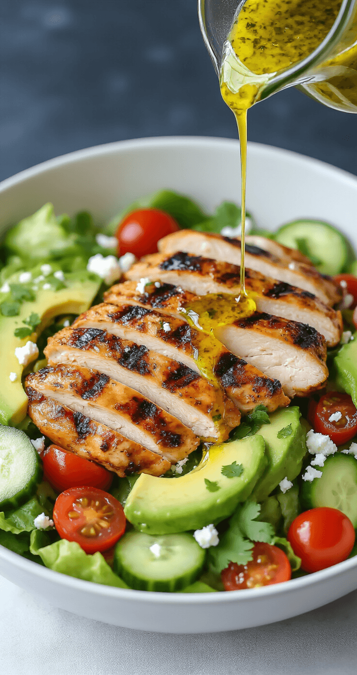 Kip-Avocado Salade: Romig, Fris en Klaar in 20 Minuten Dramatische zijaanzicht van een witte keramische serviesschaal gevuld met kleurrijke kip-avocado salade, met perfect gegrilde kipfilet strips, romaine sla, romige avocado stukjes, glanzende cherrytomaathelften, komkommer stukjes, en een limoen-mosterd dressing die vanuit een glazen kan wordt gegoten. Verse koriander en verkruimelde feta kaas vormen de topping, alles op een lichte marmeren ondergrond met een gevouwen linnen servet en een vintage vork aan de rand van het beeld.