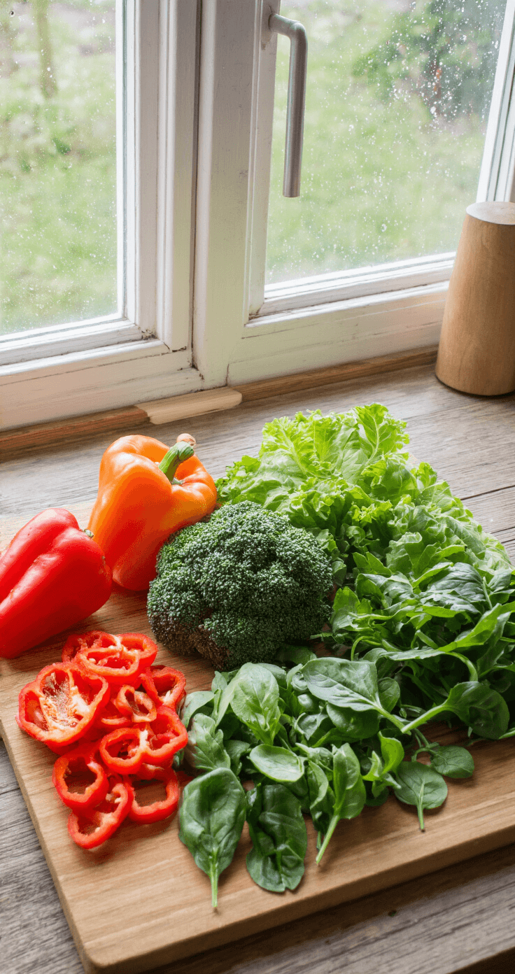 Ei Muffins met Groenten: Jouw Nieuwe Meal Prep Favoriet Een bovenaanzicht van een rustiek houten snijplank met verse groenten, waaronder broccoliroosjes, gesneden rode paprika, spinazieblaadjes en lente-ui, verlicht door zacht ochtendlicht. Een professioneel koksmes en een fijne keukenrasp staan naast de groenten.
