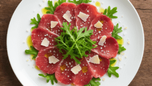 Carpaccio met Rucola en Parmezaan: Italiaans Luxe Gerecht in 15 Minuten Elegante carpaccio op een gekoeld wit porseleinen bord, met flinterdunne rundvlees plakjes, verse rucola, parmezaanse kaas krullen, zeezout en zwarte peper, onder warme cinematische belichting.