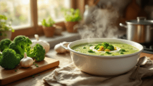 Broccolisoep met Room: Romig, Makkelijk en Onweerstaanbaar Lekker Close-up of steaming creamy green broccoli soup in a rustic white bowl, elegantly swirled with cream and garnished with fresh chives, with broccoli florets, chopped onion, and garlic on a wooden cutting board in the background, warm morning light filtering through a kitchen window, steam rising, shiny stainless steel soup pot, and wooden spoon on a linen texture, capturing a cozy Dutch kitchen ambiance.