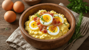 Eiersalade met Mayonaise en Spek: Krokant, Romig en Klaar in 20 Minuten Cinematische close-up van een rustieke houten kom met romige eiersalade, hardgekookte eieren, krokante spekstukjes en bieslook, omringd door ingrediënten als mayonaise en Dijon mosterd, op een neutrale achtergrond.