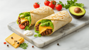 Sla Wraps met Gehakt en Kaas: Knapperig, Sappig & Klaar in 20 Minuten Bovenaanzicht van ijsbergsla wraps gevuld met kruidige gehakt, gesmolten cheddar, avocado, cherry tomaten, en zure room, op een marmeren aanrecht met een warme keukenatmosfeer.
