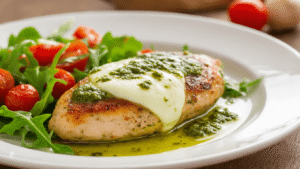 Keto Kip Pesto Salade: Simpel, Snel en Verdomd Lekker Close-up van goudbruine gevulde kipfilet met gesmolten mozzarella en groene pesto, omringd door cherrytomaatjes, op een marmeren werkblad met rucola salade, komkommer en rode paprika, verlicht door warm keukenlicht.