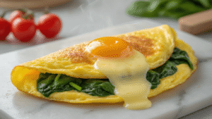 Omelet met Brie en Spinazie: De Perfecte Combinatie van Romig en Voedzaam Cinematische close-up van een gouden omelet met gesmolten brie en verse spinazie op een wit marmeren oppervlak, omringd door cherrytomaatjes, met een spatel ernaast en een warme ambiance van ochtendverlichting.
