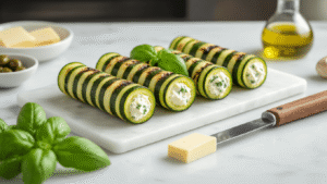 Courgetterolletjes met Kruidenroomkaas: Het Ultieme Recept Bovenaanzicht van opgerolde gegrilde courgettelinten met kruidenroomkaas, garnished met basilicum, op een wit marmeren aanrecht, met zwarte olijven en bosui in schaaltjes, verlicht door warm natuurlijk licht.