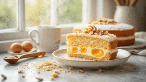 Keto Amandelmeel Cakejes: Mijn Foolproof Recept voor Fluffy, Suikervrije Perfectie Close-up of golden egg yolks whipped in a white ceramic mixing bowl, creamy swirls with a drop of almond extract, soft morning light filtering through the kitchen window, a wooden spoon on a marble countertop, blanched almond flour sprinkled, Swerve powdered sweetener visible, steam rising from a coffee cup in the background, shallow depth of field highlighting the transformation to pale yellow cream, vintage hand mixer partially visible, warm amber tones, a 23cm springform pan beside ingredients, a cozy keto baking atmosphere, cinematic lighting, textured details of almond flour grains, steamy kitchen ambiance.