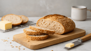 Keto Brood met Amandelmeel en Roomboter: Het Perfecte Low-Carb Recept Vers gesneden keto-brood met sesamzaadjes en gesmolten roomboter op een houten snijplank, omgeven door amandelmeel, psylliumhuskpoeder en gebroken eierschalen in een gezellige keuken met warm ochtendlicht.