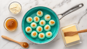 Keto Caramel Fat Bombs: Het Perfecte Suikervrije Tussendoortje Top-down view of turquoise silicone molds filled with creamy white cream cheese mixture and gold caramel swirls on a white marble countertop. A stainless steel pan browning golden butter emits wispy steam. Glass bowls with ingredients and a wooden spoon dripping shiny amber caramel into the molds. Soft natural light casts warm shadows, highlighting the airy texture of the cream cheese on a spatula. Cinematic macro details show bubbles in caramel and sprinkled crystal sea salt, evoking a cozy vintage kitchen atmosphere.
