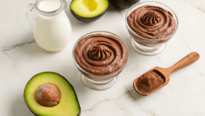 Keto Chocolade-Avocadomousse: Romig Dessert in 10 Minuten Bovenaanzicht van romige donkere chocolade mousse in elegante glazen, omringd door halve avocado's, cacaopoeder, kokosmelk en vanille-extract, op een witte marmeren ondergrond met warme verlichting en aardetinten.