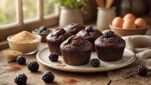Keto Chocolade-Bosbessen Muffins: Sappig, Suikervrij en Klaar in 35 Minuten Warme keto chocolademuffins met bosbessen op een rustiek houten oppervlak, omringd door amandelmeel, cacaopoeder en ingrediënten, met zacht ochtendlicht en stoom die opstijgt.