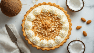 Keto Kokosroomtaart: Hemels Romig en Suikervrij Luxe keto kokosroomtaart in een 23cm springvorm op een wit marmeren aanrecht, met romige vulling en kokosrasp, goudbruine amandel-kokos bodem, vers gesneden kokosnoot en vintage lepel, sfeervolle belichting en een gezellige, elegante presentatie.