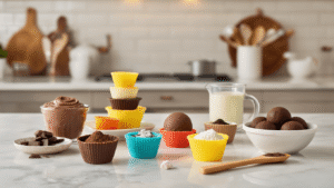 Keto Fat Bombs: Jouw Ultieme Gids voor Perfect Vette Snacks Intieme keukenscène met ochtendlicht, ingrediënten voor keto fat bombs: romige pindakaas, gesmolten kokosolie, donker cacaopoeder en stevia, artistiek gerangschikt op een wit marmeren oppervlak met kleurrijke siliconen ijsblokjesvormpjes en een houten lepel.