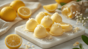Keto Citroen Fat Bombs – Verfrissende No-Bake Keto Traktatie Extreme close-up of handmade keto lemon fat bombs in pastel pink silicone molds on a white marble countertop, with a creamy yellow mixture featuring visible lemon zest, surrounded by fresh organic lemons and delicate zest curls, bathed in warm morning light that casts soft shadows. A piping bag with a star tip and scattered coconut flakes are in the foreground, while steaming citrus oils hang in the air, all highlighted by golden hour lighting that emphasizes creamy textures and glossy surfaces.