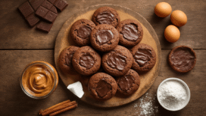 Keto Pindakaas-Chocolade Koekjes: Suikervrij en Onweerstaanbaar Lekker Bovenaanzicht van een rustieke houten keukentafel met gouden-bruine keto pindakaas-chocolade koekjes, omringd door ingrediënten zoals pindakaas, eieren, kokosmeel, erythritol, chocoladereepjes, kokosolie en vanille extract, in warme ochtendverlichting.