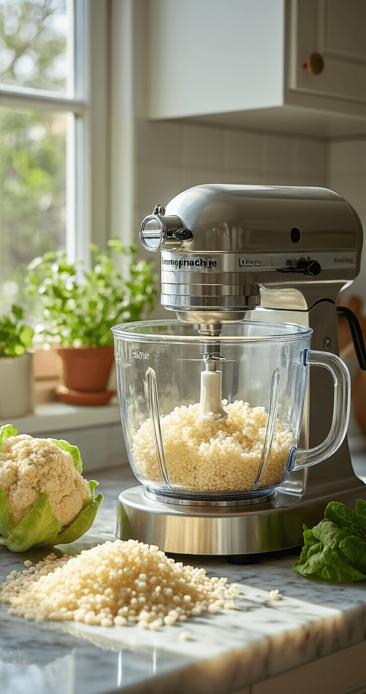 Bloemkoolrijst met Kip in Romige Saus: Koolhydraatarm Comfort Food in 25 Minuten Close-up van verse bloemkoolroosjes in een glanzende RVS keukenmachine, die worden gepulseerd tot grove rijstachtige korrels, verlicht door natuurlijk daglicht met zachte schaduwen op een marmeren aanrecht. Op de achtergrond ligt een houten snijplank met bloemkoolbladeren en een scherp koksmes.