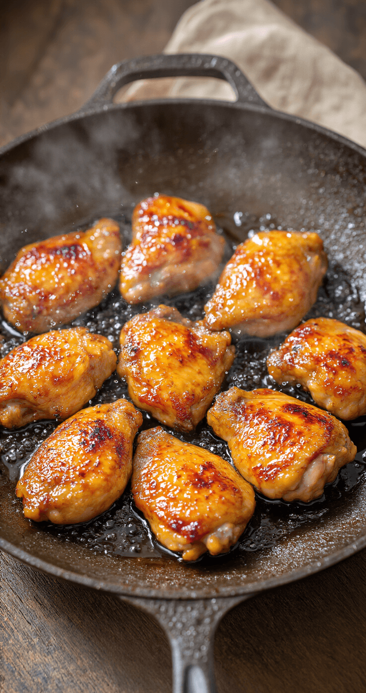 Bloemkoolrijst met Kip in Romige Saus: Koolhydraatarm Comfort Food in 25 Minuten Extreme close-up van goudbruine kipstukjes die sissen in een gietijzeren koekenpan met karamelkleurige korsten, omringd door borrelende olijfolie. Stoom stijgt op in het warme keukenlicht, met een houten spatel en spetters van baksappen in beeld, terwijl blauwe vlammen onder de pan dansen.