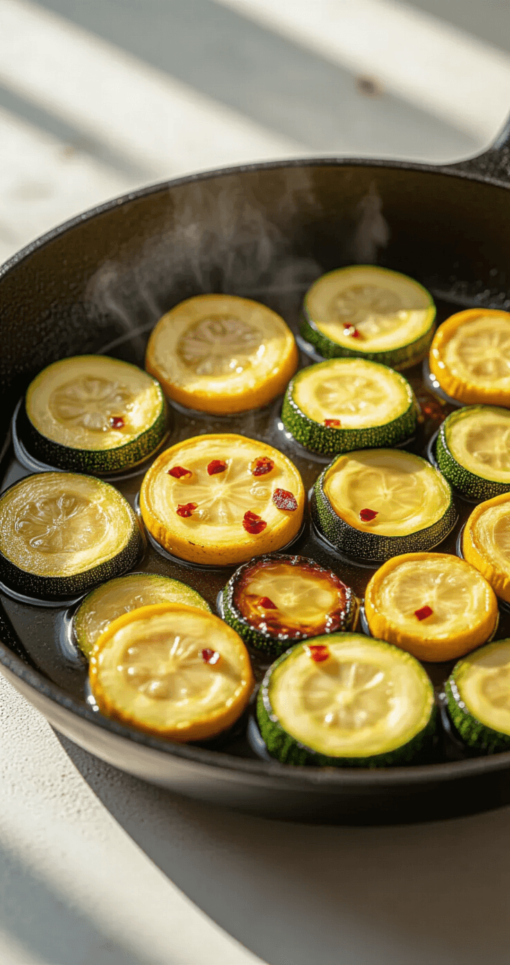 Courgettespaghetti met Pesto en Parmezaan – Klaar in 20 Minuten Close-up macro-opname van gehalveerde courgettes die sissen in glanzende olijfolie, met goudbruin gekarameliseerde randen en stoom die van de gietijzeren pan opstijgt. Natuurlijk daglicht valt van links, wat dramatische schaduwen tussen de groenten creëert. Druppels balsamicoazijn op het oppervlak en rode chilivlokken verspreid als kleine robijnen. De courgettes vertonen een gradient van crèmekleurige kernen naar diep amberkleurige randen, sommige stukken licht aangekoekt. Achtergrond zachtjes vervaagd met texturen van het aanrecht. Opname vanuit een hoek van 45 graden, gevangen in het transformatiemoment, terwijl oliebelletjes om de groenten dansen.