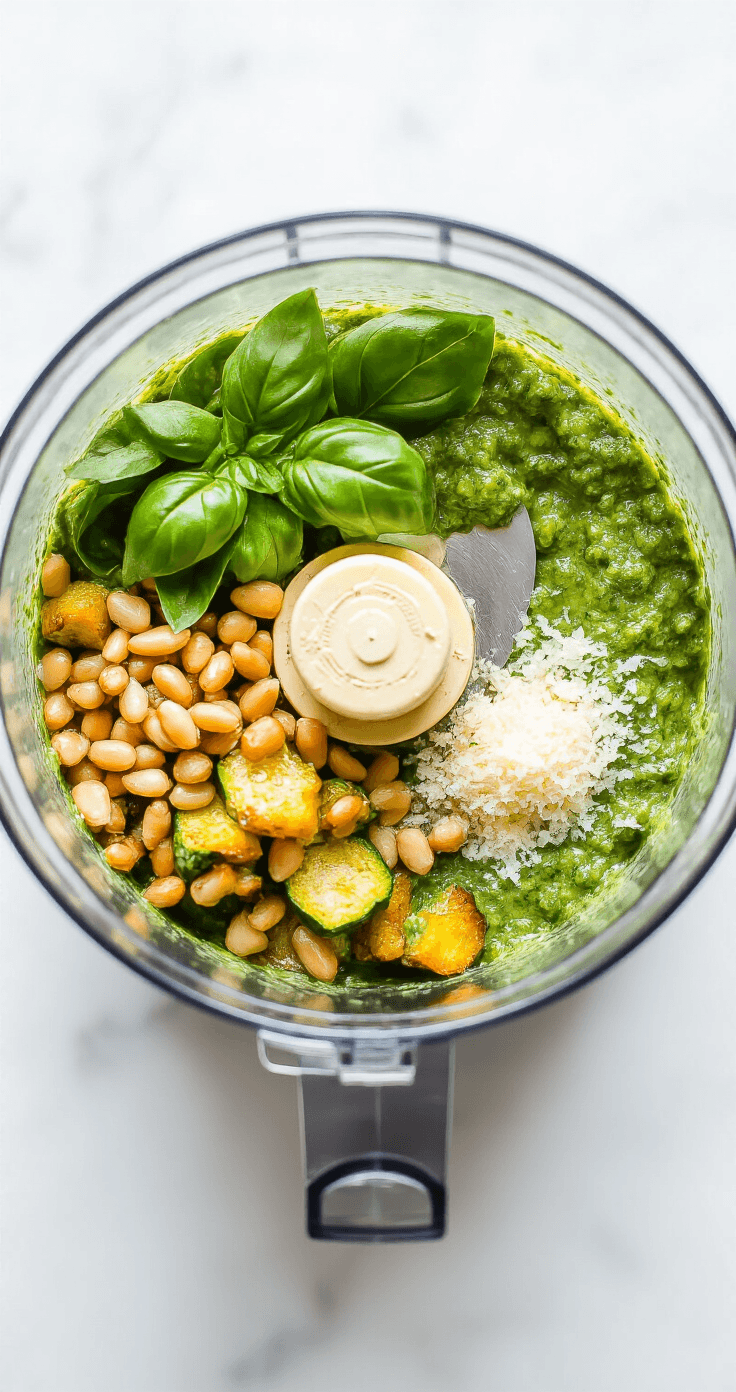 Courgettespaghetti met Pesto en Parmezaan – Klaar in 20 Minuten Overhead view van een foodprocessor met groene basilicum, gouden pijnboompitten en stukjes gekarameliseerde courgette die worden gemixt tot romige pesto. Het mes creëert een marmerpatroon van heldergroen met warme goudbruine stukken. Geraspte Parmigiano Reggiano voegt witte spikkels toe. Natuurlijk ochtendlicht laat een glanzende olijfolie sheen zien. Contrast tussen gladde en grovere texturen is zichtbaar. Condensatie aan de randen van de kom. Marmeren aanrecht zichtbaar aan de randen van het frame.