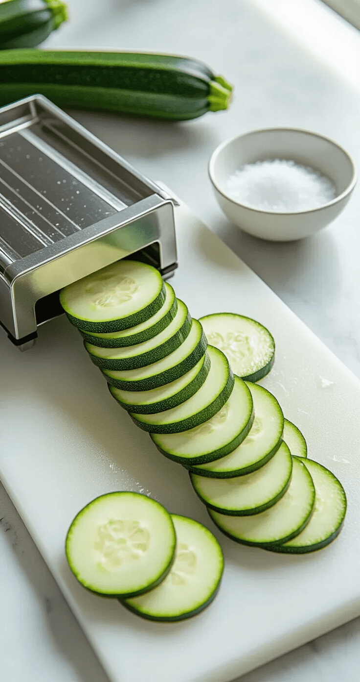 Keto Lasagne met Courgette - Romig, Kazig en Minder dan 8g Koolhydraten Bovenaanzicht van een professionele keuken met een glanzende roestvrijstalen mandoline, waar verse groene courgette in perfecte plakjes van 3 mm wordt gesneden. Zachte natuurlijke verlichting zorgt voor delicate schaduw op het witte marmeren aanrecht, terwijl courgetteplakjes in een georganiseerde patronen liggen. Hele courgettes wachten in de achtergrond, met een klein schaaltje grof zeezout erbij.