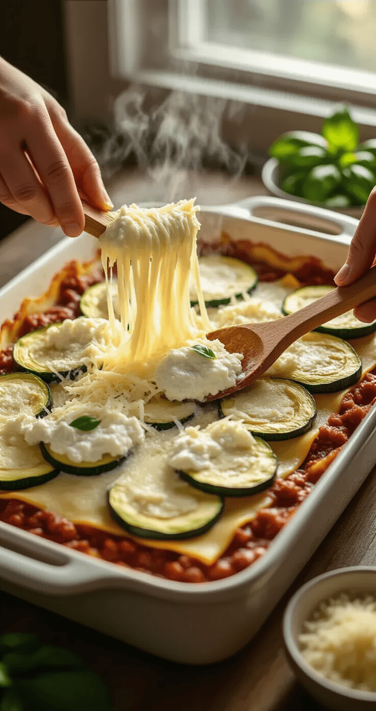 Keto Lasagne met Courgette - Romig, Kazig en Minder dan 8g Koolhydraten Dichte opname van handen die voorzichtig keto lasagne laag voor laag opbouwen in een rechthoekige keramische ovenschaal, met zichtbare lagen van geroosterde courgette, romige ricotta, rijke vleessaus en gesmolten mozzarella, terwijl stoom omhoog komt en gouden namiddaglicht de texturen benadrukt.