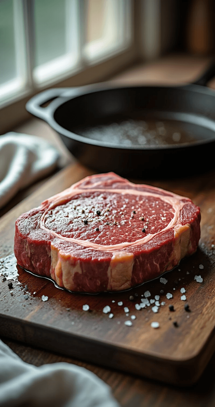 Biefstuk met Knoflookboter en Sperziebonen: Het Ultieme Recept Close-up van een gemarmerde T-bone steak op een donker houten snijplank, omringd door grove zeezoutkristallen en vers gemalen zwarte peper. Zacht diffuus licht van het raam benadrukt de marmering van het vlees, terwijl een vintage gietijzeren pan iets verderop wacht. Keukenhanddoeken met waterdruppels zijn zichtbaar, wat het moment voor het koken vastlegt.