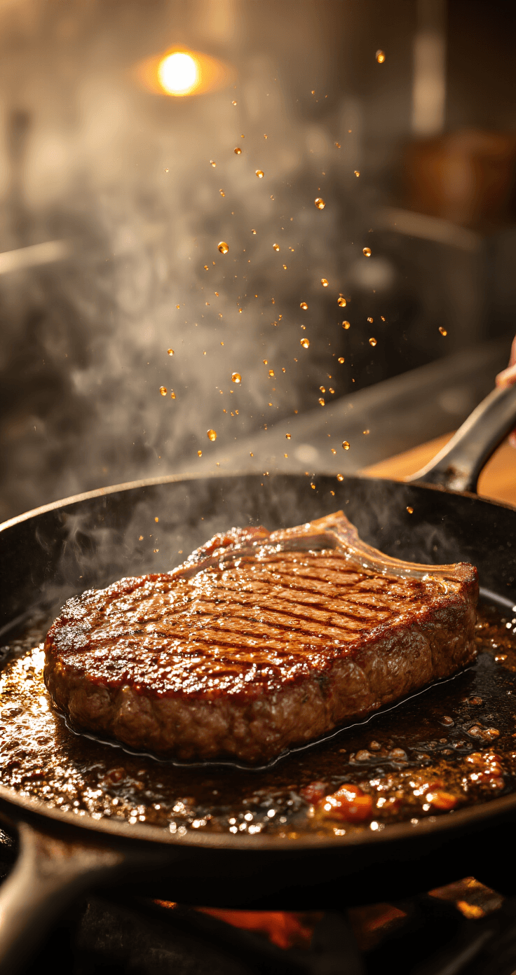 Biefstuk met Knoflookboter en Sperziebonen: Het Ultieme Recept Actiefoto van een perfect gekruid T-bone steak die op een gloeiendhete gietijzeren pan valt, met dramatische sissende geluiden en stoom. Het warme keukenlicht creëert een theatrale halo-effect. De steak vertoont een aanvang van een gouden-bruine korst en gekarameliseerde randen. Olie druppels zweven in de lucht als kleine gouden balletjes. Een hand van de chef met tang hangt nabij, klaar maar geduldig. De pan heeft een diepe zwarte patina van jarenlang gebruik. Op de achtergrond zijn voorbereide knoflookboter en heldergroene bonen te zien. Opgenomen vanuit een hoek van 45 graden om zowel de ontwikkeling van de korst als de dramatische stoompluim vast te leggen.