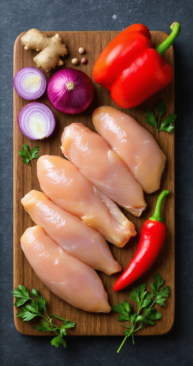 Kip Kerrie Met Kokosmelk (Zonder Rijst) - De Ultieme Gids Verse ingrediënten voor kip kerrie op een eikenhouten aanrecht, met roze kipfilets, paarse uien, rode paprika, gember, knoflook, kokosmelk, en kruiden in glazen potjes, verlicht door daglicht.