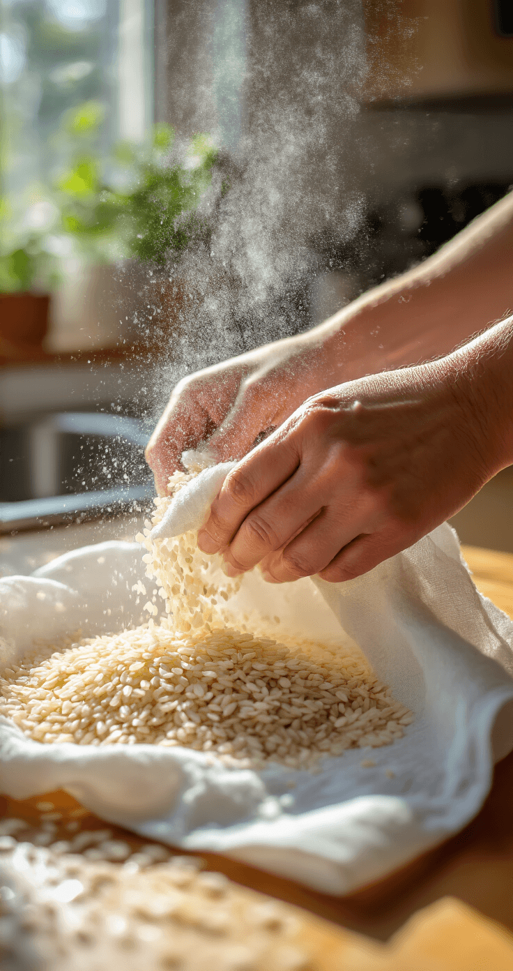 Keto Pizza met Bloemkoolbodem: Het Ultieme Recept voor een Knapperige, Koolhydraatarme Pizzabodem Hands wringen een witte theedoek uit boven een houten aanrecht, met waterdruppels die uit de stof persen, terwijl zonlicht door het keukenraam valt. Theedoek gevuld met bloemkoolrijst, stoom komt op. Achtergrond toont een wazige keuken met koperen accenten.