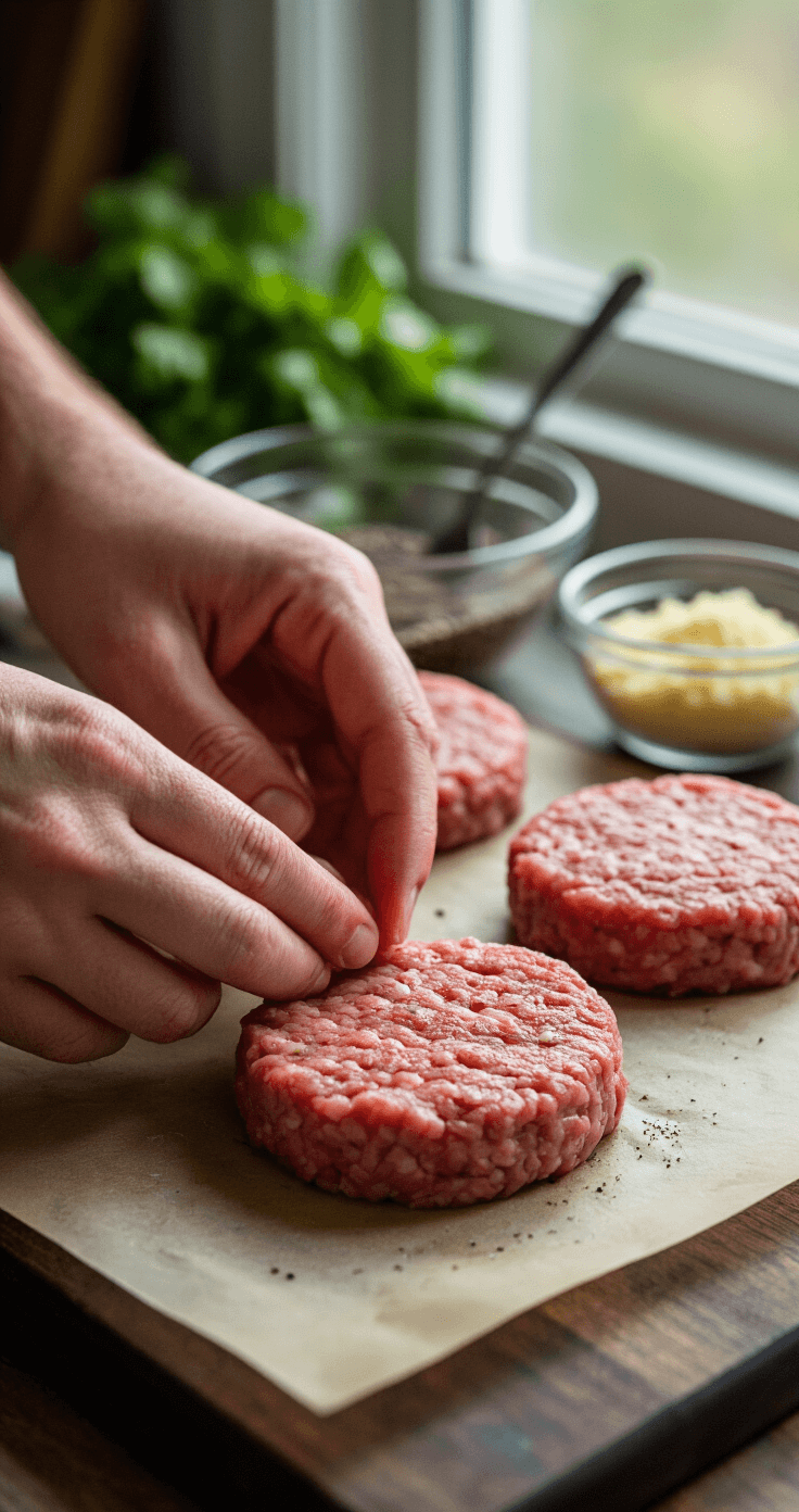 Hamburger zonder Broodje met Avocado en Kaas: Koolhydraatarm en Geweldig Lekker Extreme close-up van handen die voorzichtig een rauwe runderburger vormen op een donkere houten snijplank, met een centrale indeuking in de perfect gevormde 1,5 cm dikke patty. Zachte ochtendlicht valt door het keukenraam en benadrukt de gemarmerde textuur van 80/20 gemalen rundvlees, gemengd met kruiden. Op de achtergrond rusten drie gevormde patties op bakpapier, samen met een glazen mengkom met een vork en kleine schaaltjes met ui- en knoflookpoeder. Stoom stijgt op uit een koffiekopje in de nabijheid, wat een intieme culinaire voorbereiding creëert.