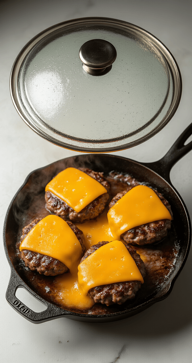 Hamburger zonder Broodje met Avocado en Kaas: Koolhydraatarm en Geweldig Lekker Dramatisch bovenaanzicht van een cast-ijzeren skillet met vier goudbruin gebakken burgerpatty's, bedekt met smeltende cheddar kaas. Stoom condenseert op een glazen deksel, terwijl kokosolie zich rond de randen verzamelt. In de achtergrond liggen gesneden avocado, romaine sla en tomaat op een bamboesneden plank, verlicht door natuurlijk licht.