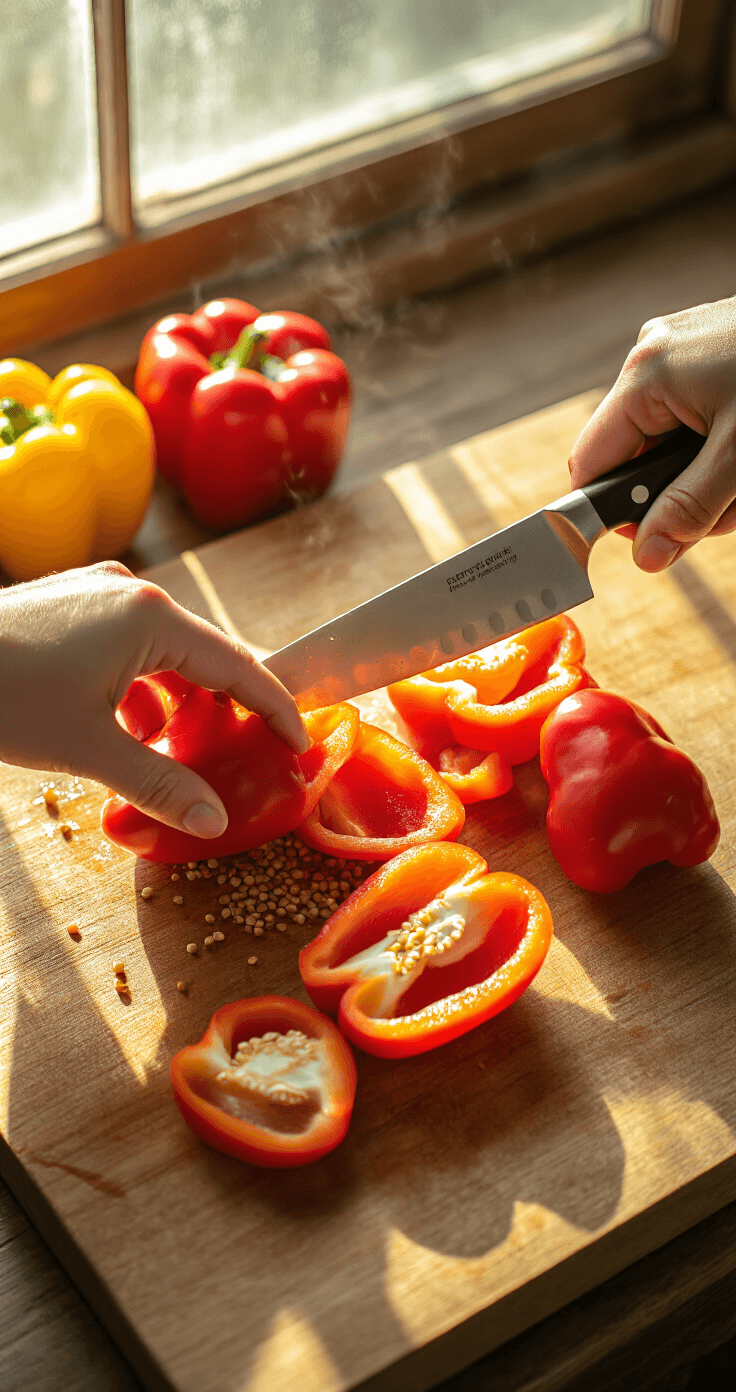 Gevulde Paprika Zonder Rijst – Het Ultieme Laagkoolhydraat Recept Cinematisch overhead shot van handen met een scherp koksmes die helderrode paprika's lengte snijden op een houten snijplank, omgeven door warm, gouden middaglicht.